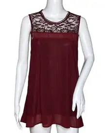 Doe & Rae Shirt Womens Medium Burgundy Red Sheer Lace Yoke Flowy‎ Boho Peasant