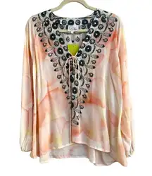 Camilla Loves Intermix Beaded V-Neck Tie Dye Print Blouse Coral Women's Small