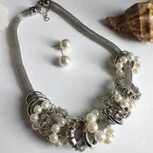 Pearl Rhinestone Silver Ring Mesh Chain Necklace