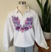 Vintage Fall White Sweatshirt‎ Purple Leaf Floral Print made in USA kitschy