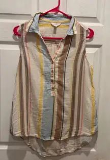 Time and Tru Womens Cotton Gauze Striped Sleeveless Collared Button Up Shirt L