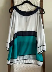 NWOT INC International Concepts White, Turquoise & Navy Cold Shoulder Blouse