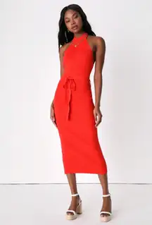 Lulus Red Midi Halter Knit Dress M