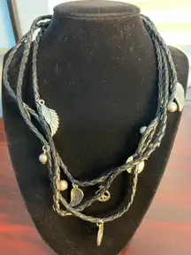 Y2K 3 Strand Black Faux Leather Necklace 18" Peace Sign Angel Wings Biker Core