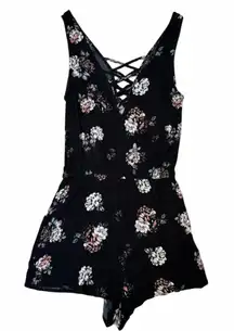 Black Floral Romper with Lace-Up Front