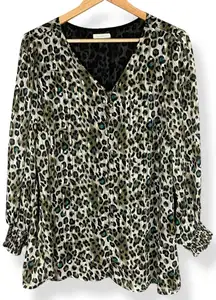 Ava James Blouse Leopard Print Metallic‎ Animal V-Neck Size 14/16 Shirred Cuffs