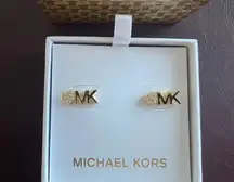 Michael Kors Womens MK Logo Stud Earrings Pave Crystals Heart Gold Tone Brass