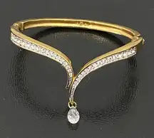 Vintage SWAROVSKI Signed Gold-tone Hinged V Bangle With Teardrop Crystal Charm