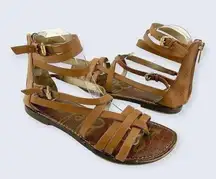 Ganesa Brown Leather Zip Flat Gladiator Sandal 6.5 LOOSE STRAP