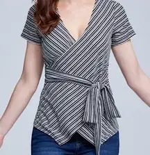 Seven 7 Striped Tie Front Ribbed Short Sleeve Blouse Shirt Top Small