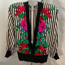 Vintage‎ white and black striped floral 100% silk jacket/cardigan size 10