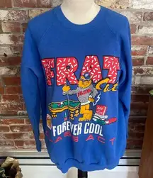 Vintage Frat Cat Blue Graphic Long Sleeve Pullover Sweatshirt Size L