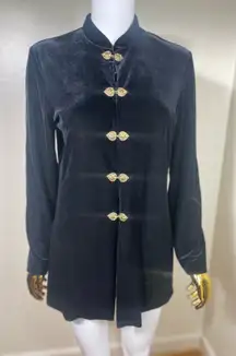 Black Karen kwong Velvet mandarin Jacket with Gold Buttons