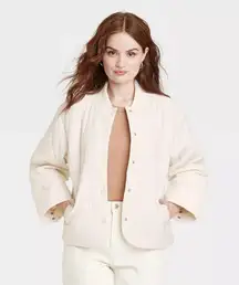 A New Day Water Resistant Quilted Bomber Jacket Snap Button Ivory L