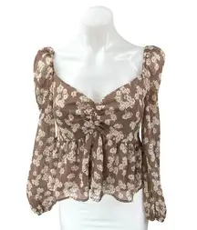 Grade & Gather Brown Floral Long Sleeve Smocked Babydoll Peplum Blouse Top Sz M