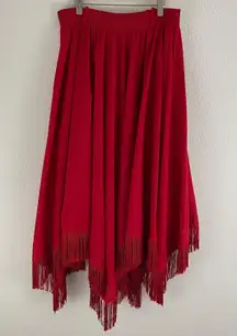 Vintage 90s Vibrant Red Western Cowgirl Fringe Hem High Waist Prairie Midi Skirt