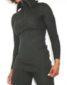 Sandro Paris Dark Green Ribbed Knit Zipper Collar Pants 2-Piece Set, Size 2