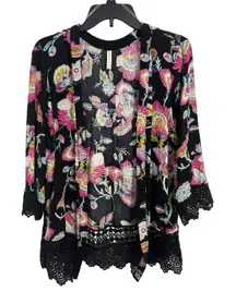 Black Floral Crochet Knit Open Front Cardigan Kimono Size XS Fairy Grunge Travel