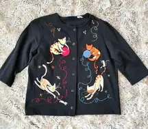 Onque Casuals Vintage Embroidered Cat Cardigan Sweater Size Small