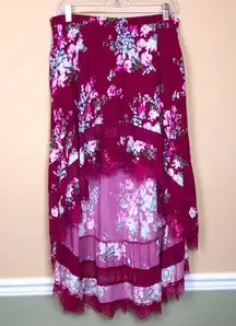 NWT Express Women’s Floral Print Magenta Eyelet Lace Hi-Low Maxi Skirt