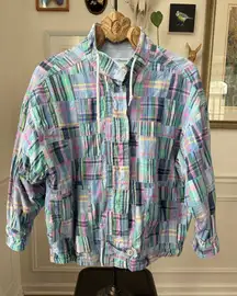 Vintage 80s David Brooks Madras Plaid Jacket Coastal Preppy Pastel 12