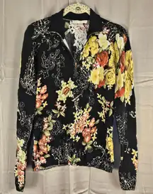 Boston Proper Womens Black Floral Full Zip Cardigan Sweater Medium