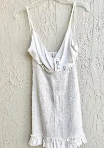 NWT Sky Blush Sleeveless Linen Smocked Ruffle V Neck Mini Dress White Size Small