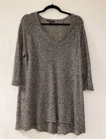 Eileen Fisher V Neck Linen Wool Sweater in Black White Large