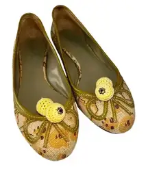Laura Brandon‎ Anthropologie Women's Canvas Yellow Sage Pom Pom Ballet Flats 7