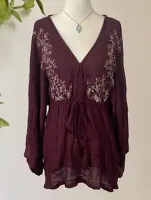 Cottage Core Burgundy Red Floral Embroidered Babydoll Tunic Top World Market