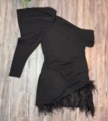 Club L London Womens Black Asymmetrical Party Mini Dress Feather Fringe Lining 6