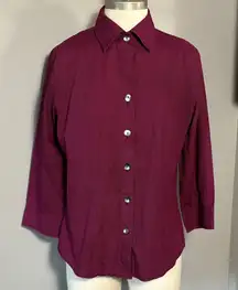 Foxcroft Size 10 Dark Pink Black Polka Dot Button Down Fitted Shirt Wrinkle Free