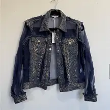 NWT Adore Denim Jacket W/Sheer & Gold Animal Print NWOT Sz S Blue bbz