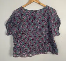 Anokhi blue and pink block printed short sleeve blouse size medium