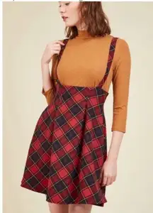 Modcloth Red and Black Plaid Skirt Large Overall Skirt with Suspenders