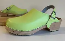 Handmade in Sweden Lime Green Genuine Leather Wooden Clog with Buckle Size 37