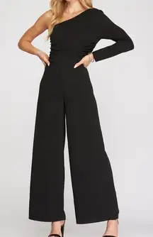 NWT she + sky black one shoulder long sleeve wide leg jumpsuit
