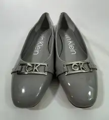 Calvin Klein Women Patent Leather Ballet Flats Silver CK Logo Buckle Gray Size 8