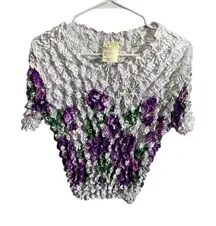 Pineapple Apparel One Size Floral Crinkle Top Purple Green White Y2K