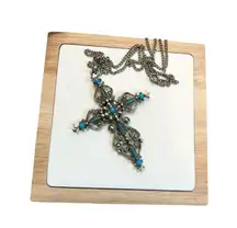 Signed Roma Cross Pendant Necklace Petit Point Faux Turquoise Christian Vintage