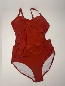 Rust Red Ruched Tankini Swimsuit V Neck Wrap Tie Back Two Piece Bathing Suit SET