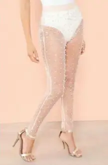 HOT & DELICIOUS | Pearl Embellished Ivory Cream Mesh Leggings Pants | Medium