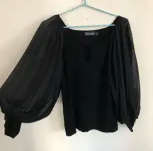 7th avenue NY Black knit top Sweater with sheer puff sleeves w/gold button accents