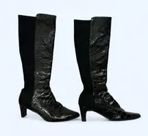 Stuart Weitzman Croc Embossed 50/50 Black Patent Leather Heel Boot Size 7.5