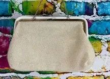 Vintage 1960s Corde'-Bead Framed Handbag Evening Bag Cream White Gold