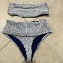 Eberjay Navy Blue Striped Strapless Top High Waisted Bottom Bikini Set