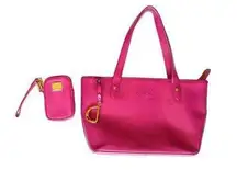 Lauren Ralph Lauren Hot Pink Tote Bag Clutch Purse Set Barbie Barbiecore Gold