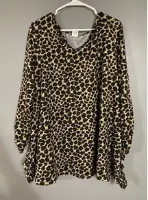 Terra & Sky Pullover Animal Print Tunic Top Ruched Sleeve Ruffle Slit 2X