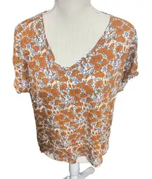 Rachel Zoe 100% Linen Top Short Sleeve blouse brown blue floral casual sz XL