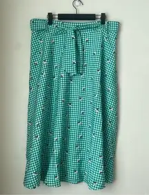 Ann Taylor Factory Green White Gingham & Floral Belted Midi Skirt 14 NWT